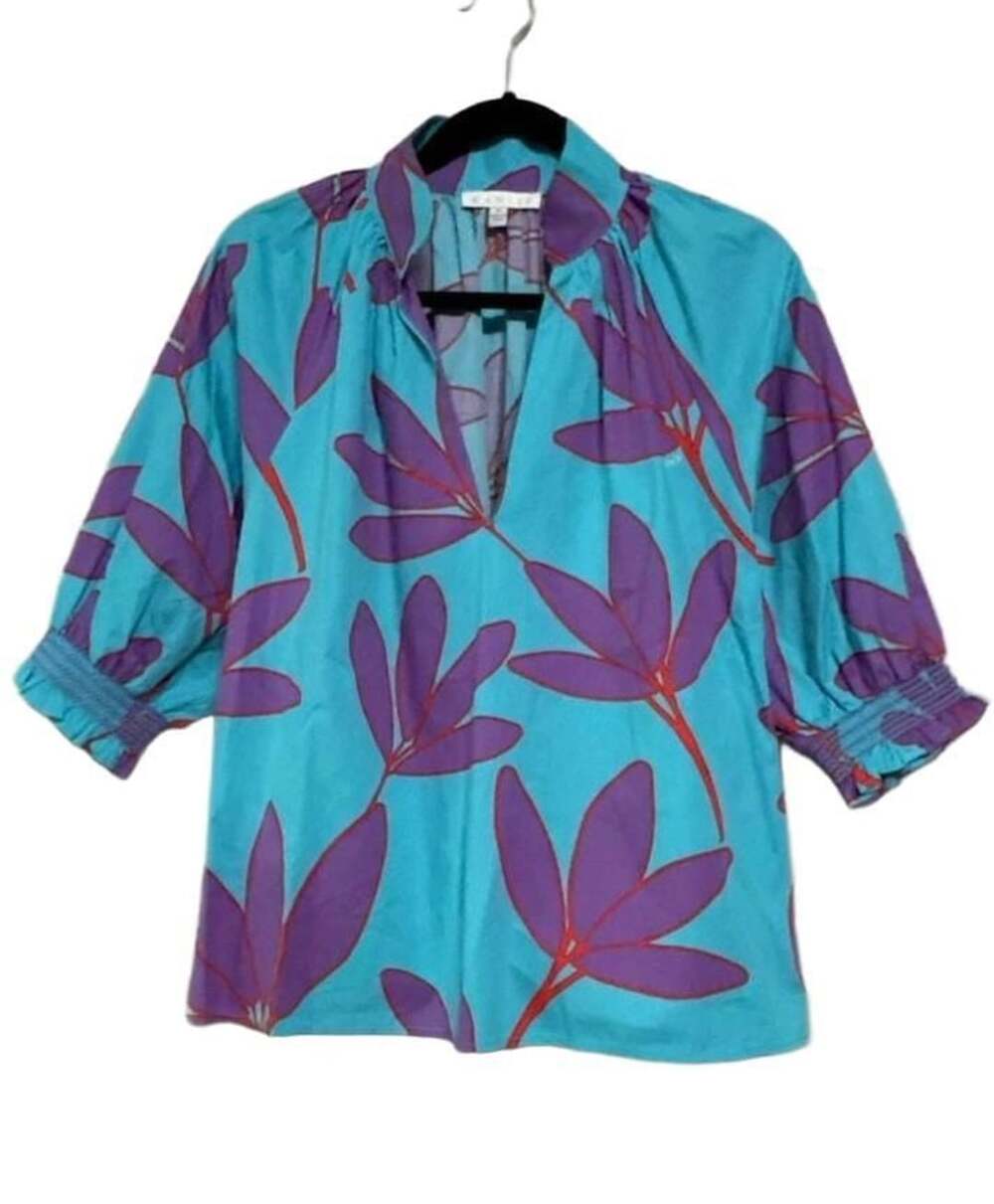 Karlie Floral Print Blouse Size S Blue Purple V-Neck Puff Sleeve Sz Small
